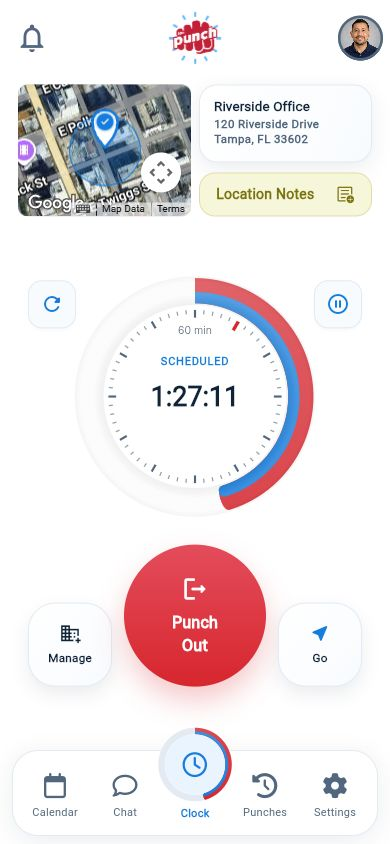 The Punch App with the active shift clock, employee photo, and satellite mini map