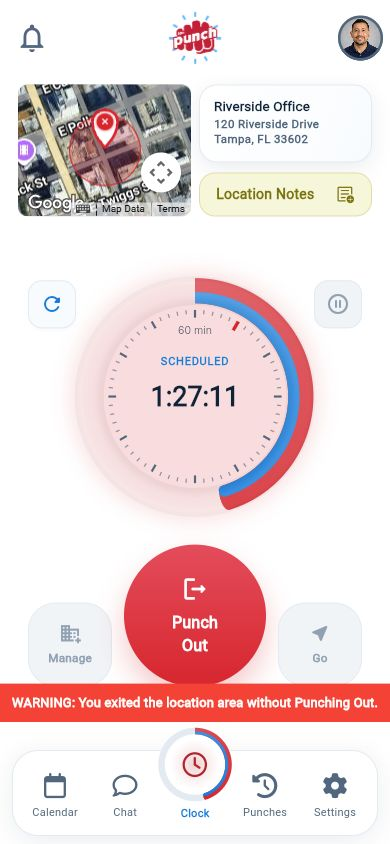 The Punch App employee view during a geofence breach with the red mini map and warning