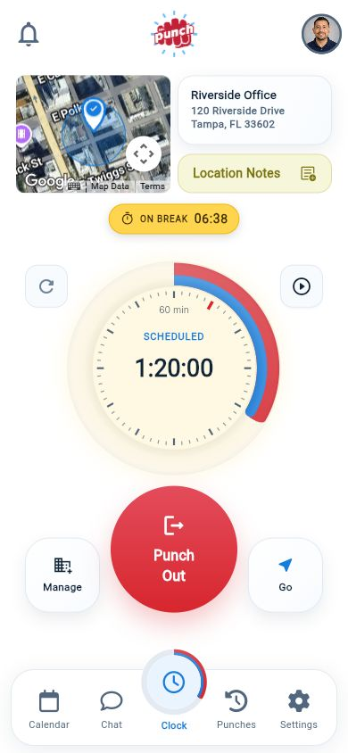 The Punch App employee break screen with break controls and the site mini map