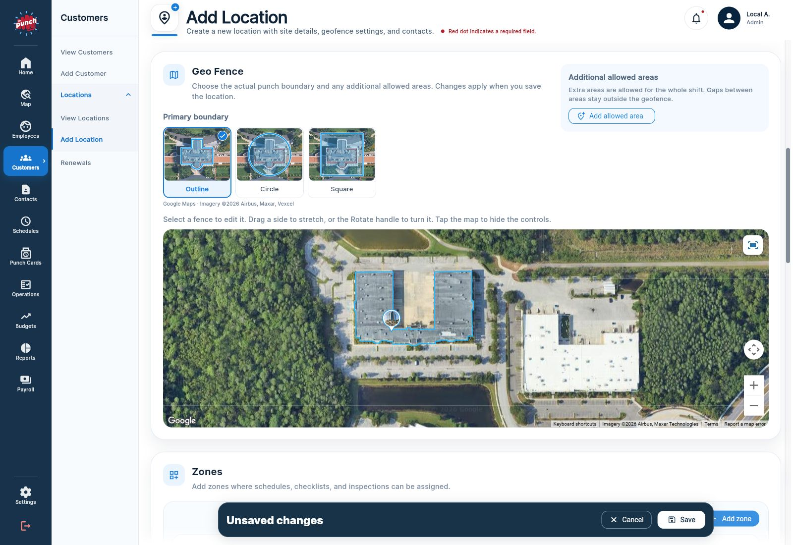 Actual The Punch App Edit Location page with a boundary fitted to a building outline