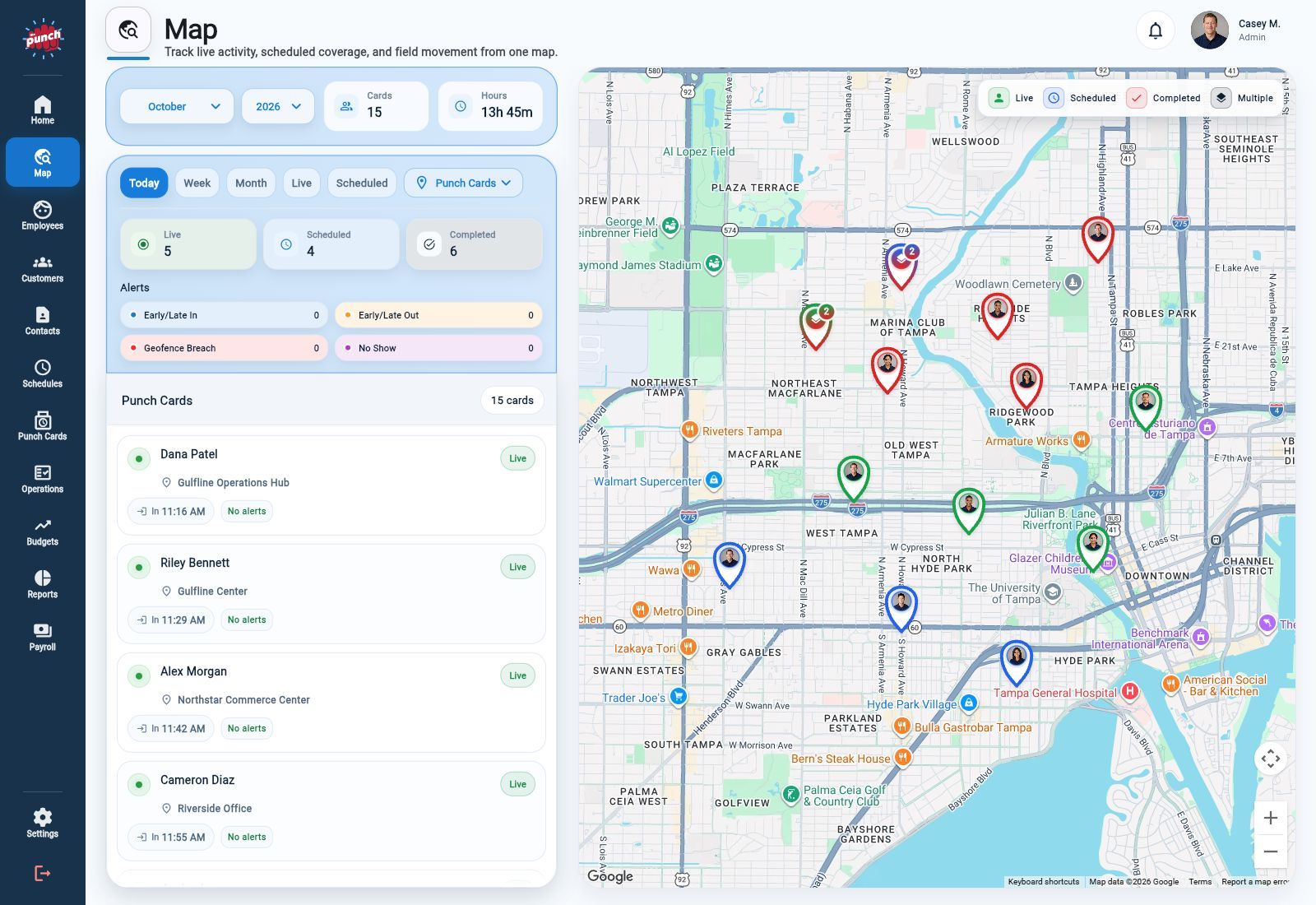 The Punch App map with completed punch cards, live shifts, and scheduled work across service locations