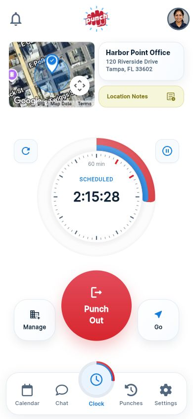 Actual The Punch App mobile clock with a live scheduled shift, employee photo, and satellite mini map