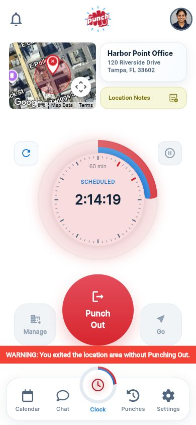 Actual The Punch App mobile geofence breach state with a red mini map and active location warning