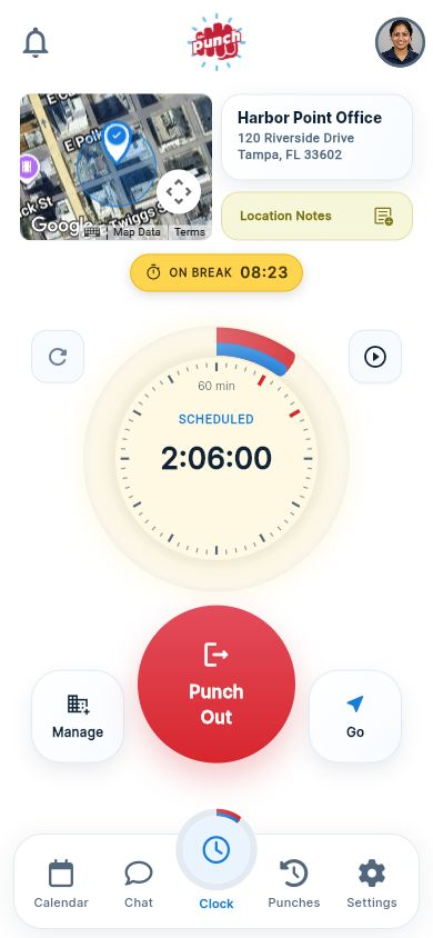 Actual The Punch App mobile clock on a break, with break duration and the site mini map