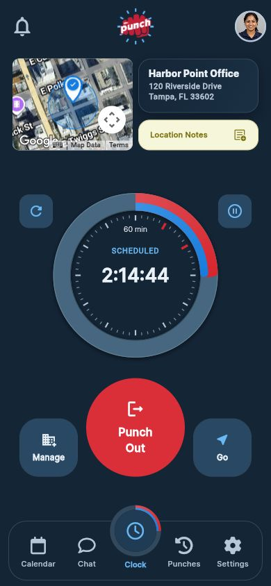 Actual The Punch App mobile clock in dark mode with an employee photo and satellite mini map