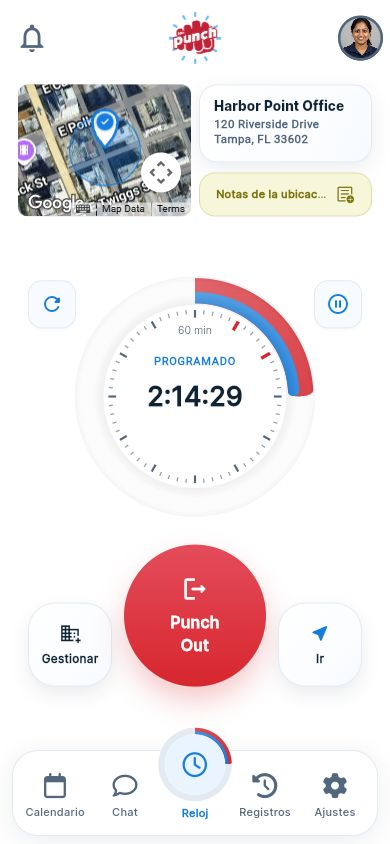 Actual The Punch App mobile clock with Spanish interface labels and the site mini map