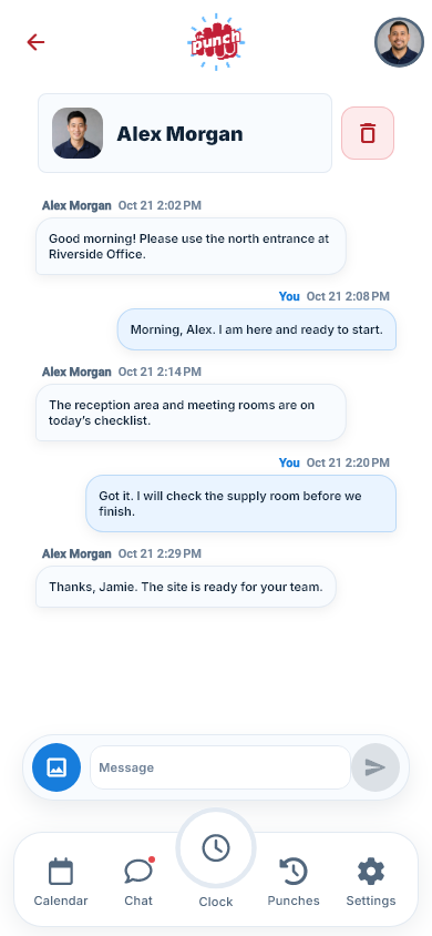 Actual The Punch App mobile conversation showing a populated team message thread