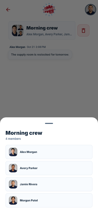 Actual The Punch App mobile group conversation with its member list open
