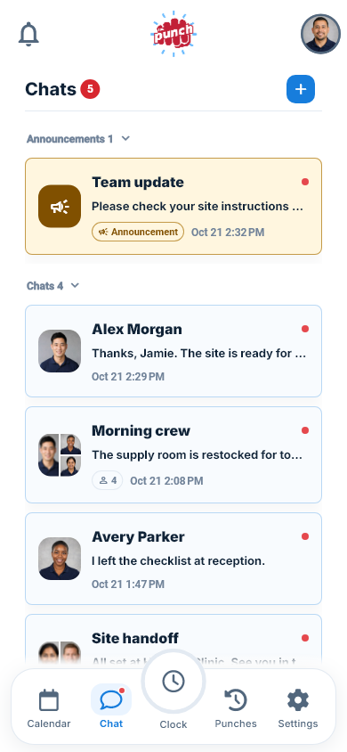 Actual The Punch App mobile Chat list with employee photos, conversations, and announcements
