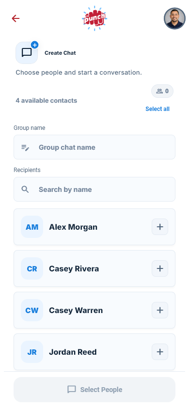 Actual The Punch App mobile new-chat screen with the native recipient chooser
