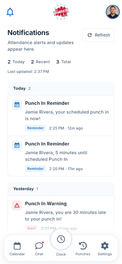 Actual The Punch App mobile notification feed with work updates and alerts