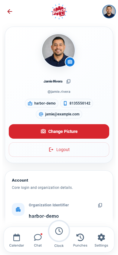 Actual The Punch App mobile employee profile with a portrait and account details