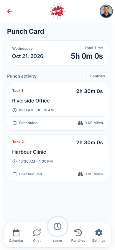 Actual The Punch App mobile punch details with task records and recorded work times