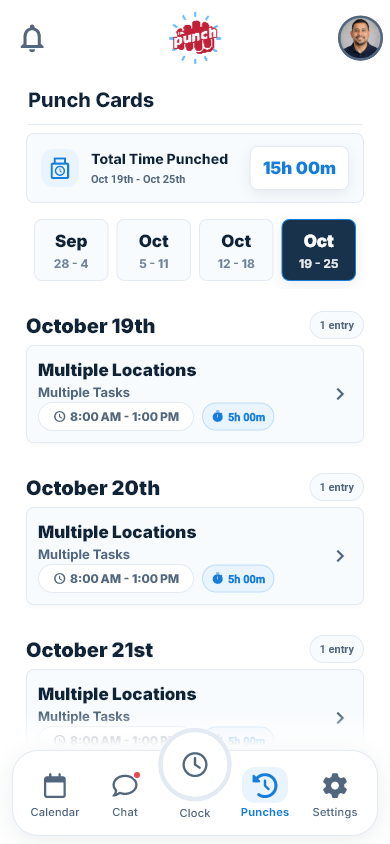 Actual The Punch App mobile Punches page showing recorded work history