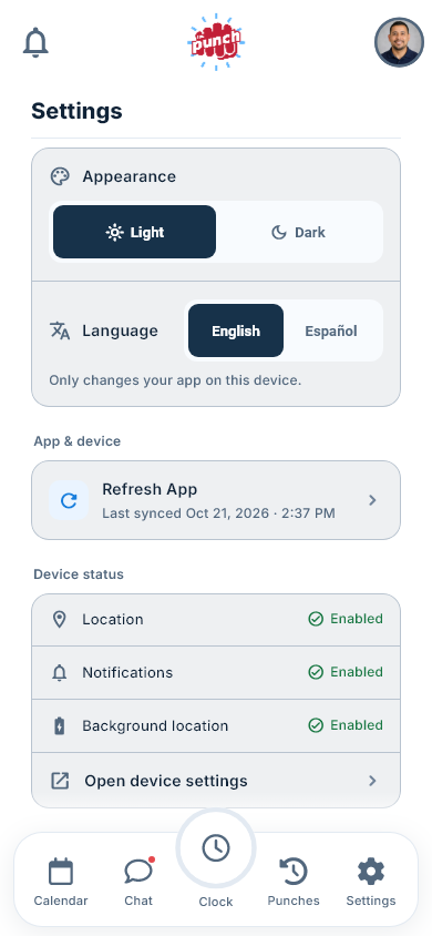 Actual The Punch App mobile Settings with appearance, language, and device status controls