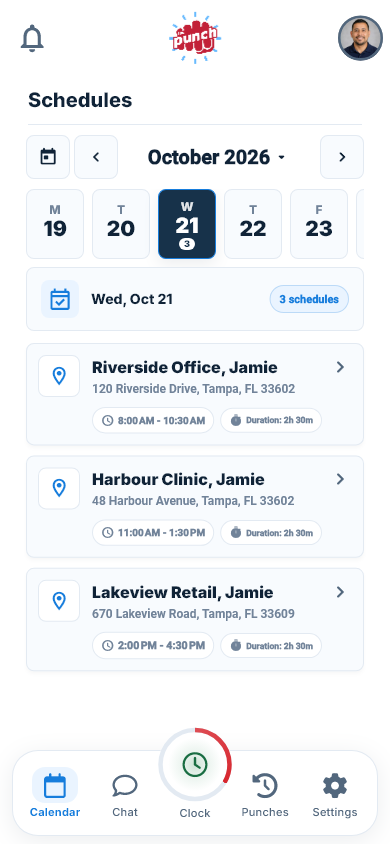 Actual The Punch App mobile Calendar with assigned shifts and native date selection
