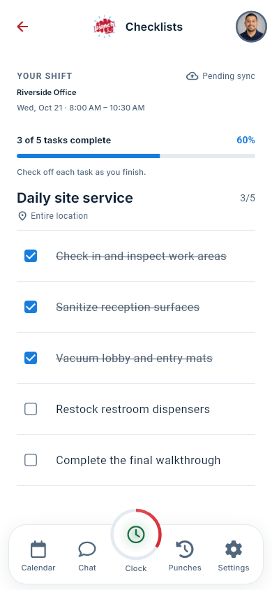 Actual The Punch App mobile assigned checklist with completed and remaining tasks