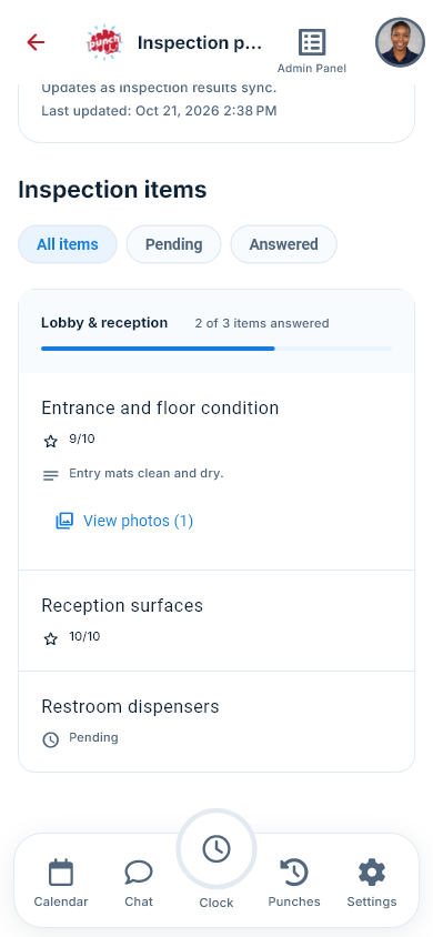 Actual The Punch App mobile manager inspection detail with item ratings, a note, and a photo attachment control