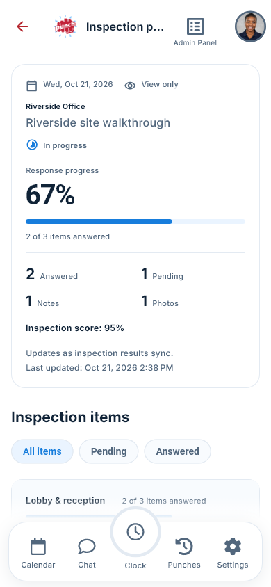 Actual The Punch App mobile manager inspection progress with answered and pending items