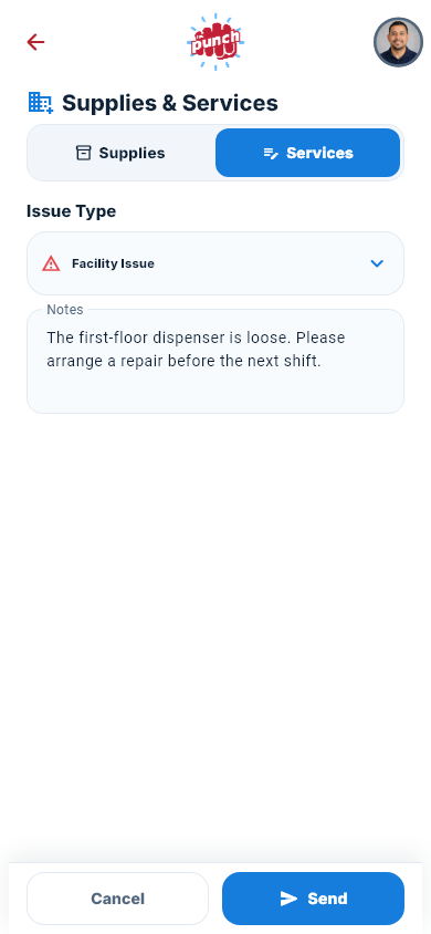Actual The Punch App mobile Services request form for a facility issue