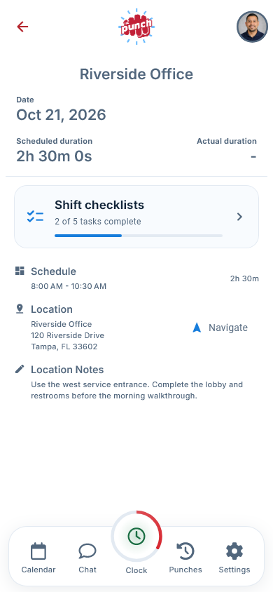 Actual The Punch App mobile schedule details with site address, shift times, and instructions