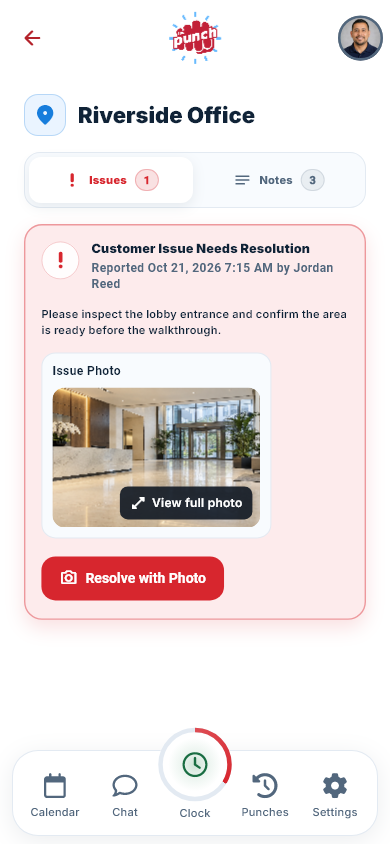 Actual The Punch App mobile site Issues tab with an issue photo and resolution control