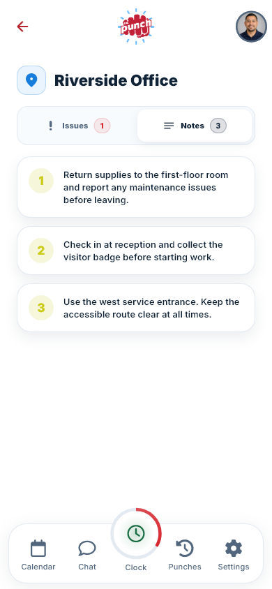Actual The Punch App mobile Location Notes tab showing prioritized site instructions