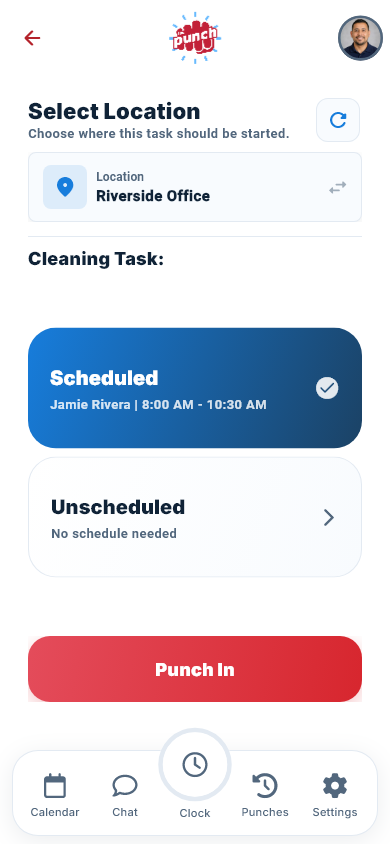 Actual The Punch App mobile Start Task screen with native task and location selection