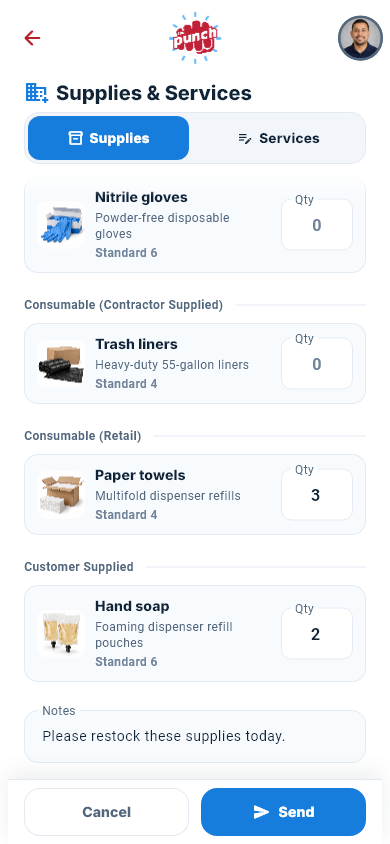 Actual The Punch App mobile supply request with product photos, quantities, and a note