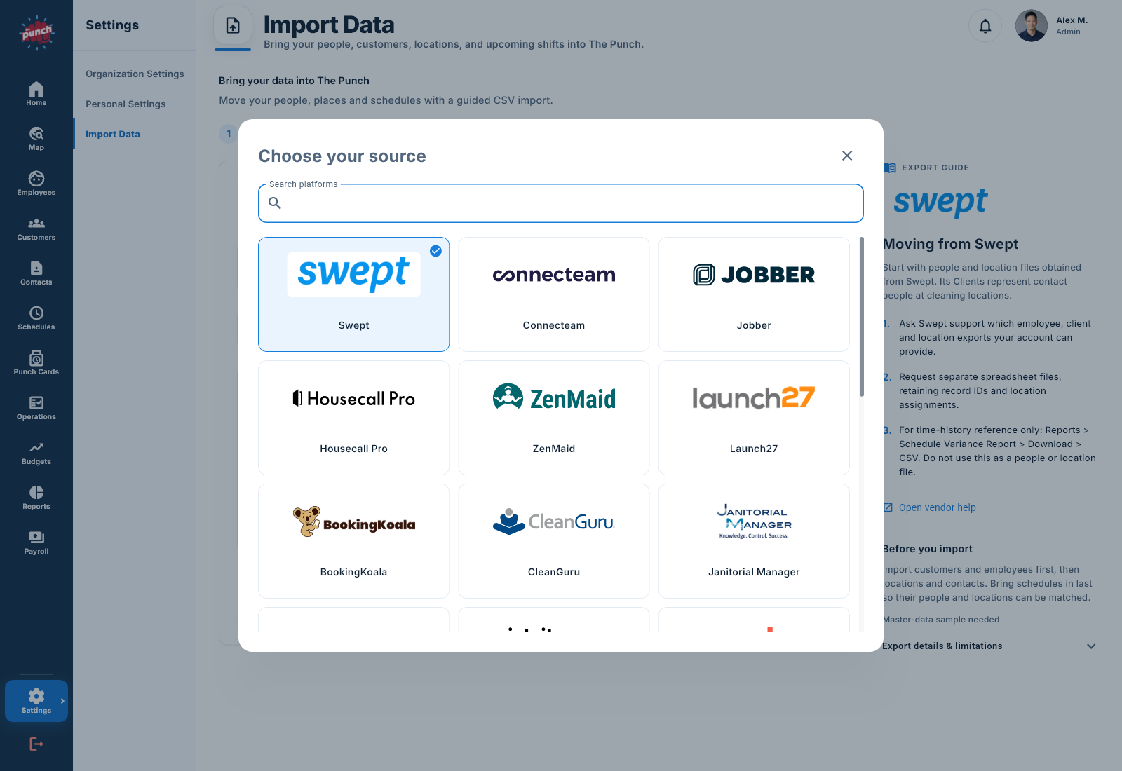 The Punch App Data Imports source picker with a searchable list of platforms and their logos