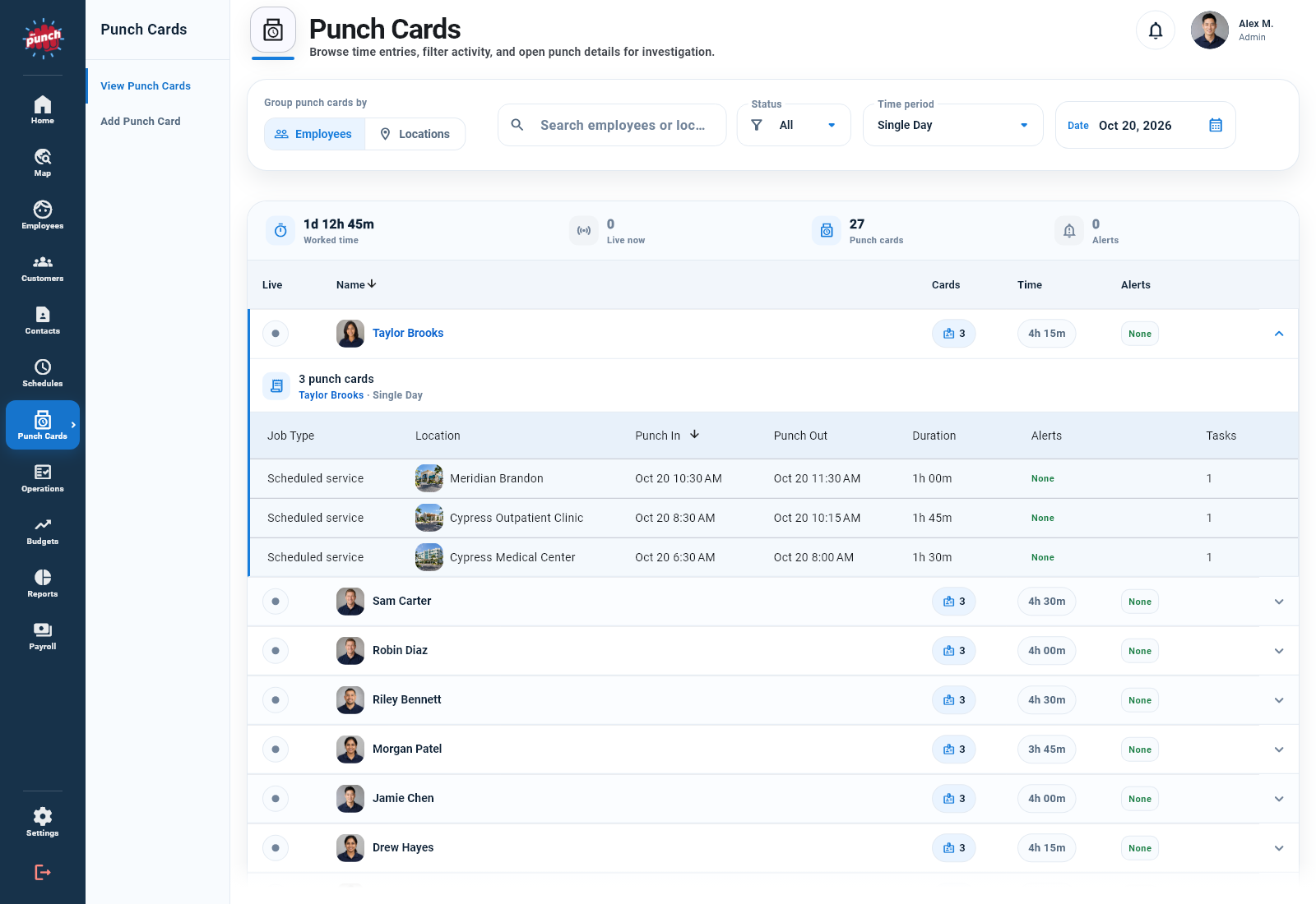 Punch Cards with employee portraits and an expanded employee group showing site photos, shift times, and hours