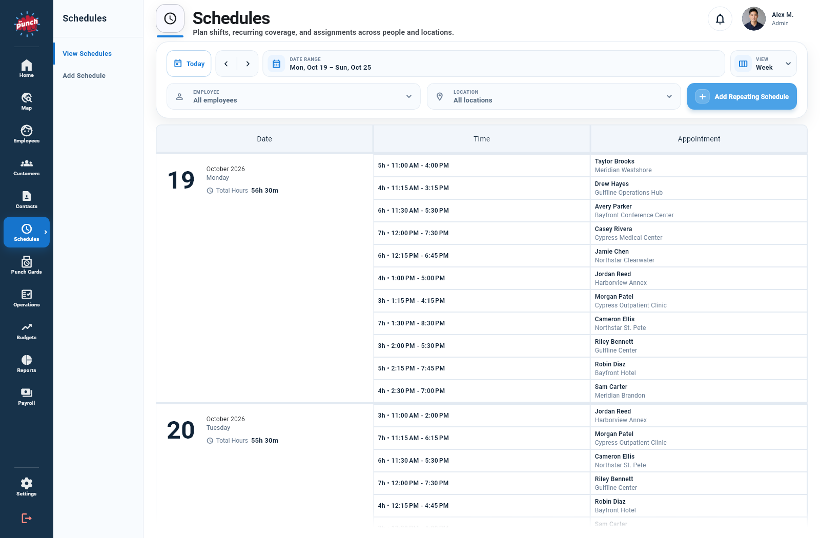 The Punch App weekly schedule with varied shifts across employees and service locations