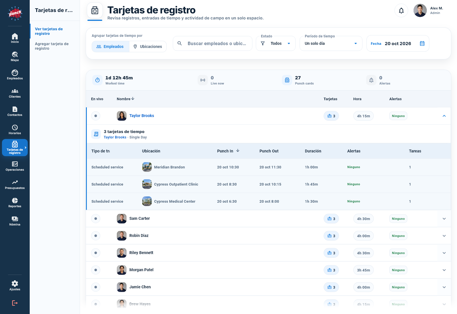 Actual The Punch App admin panel · español