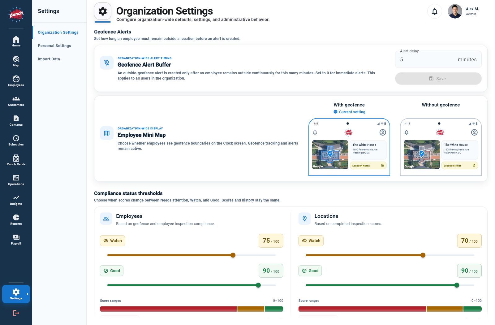 The Punch App Organization Settings with geofence alert timing and employee mini-map visibility