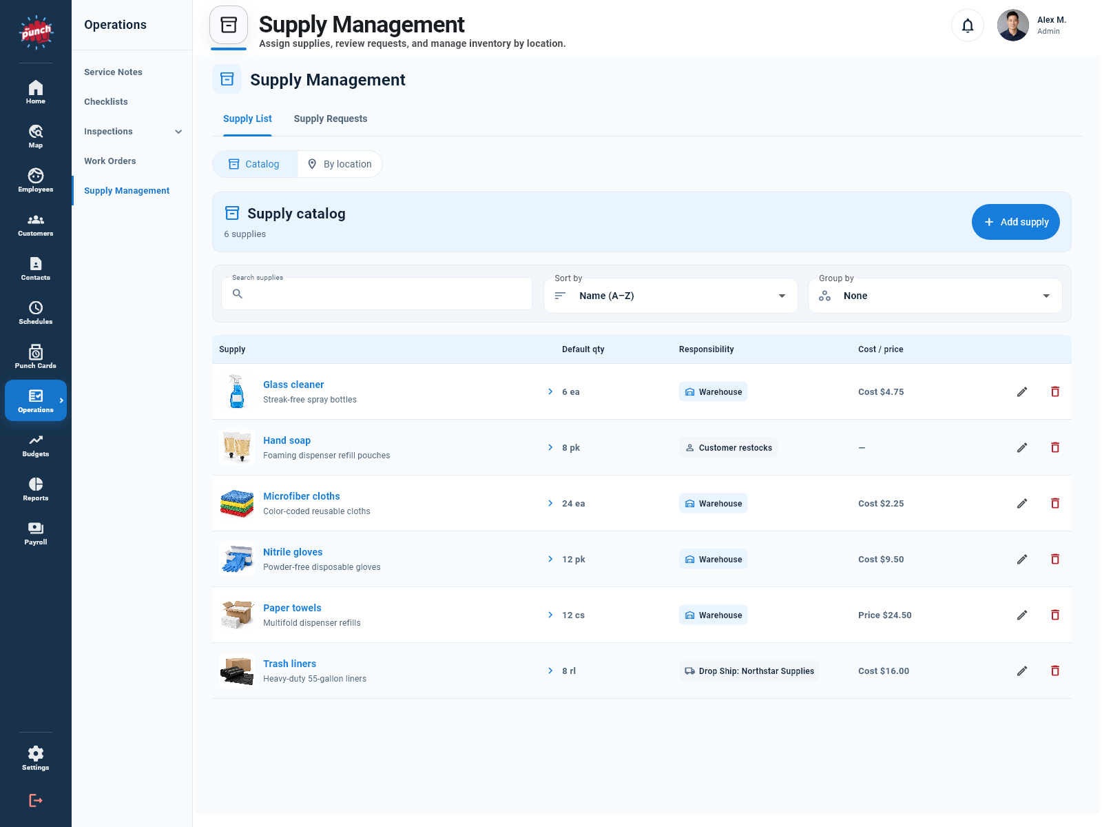 The Punch App desktop supply catalog with product images and supply management controls