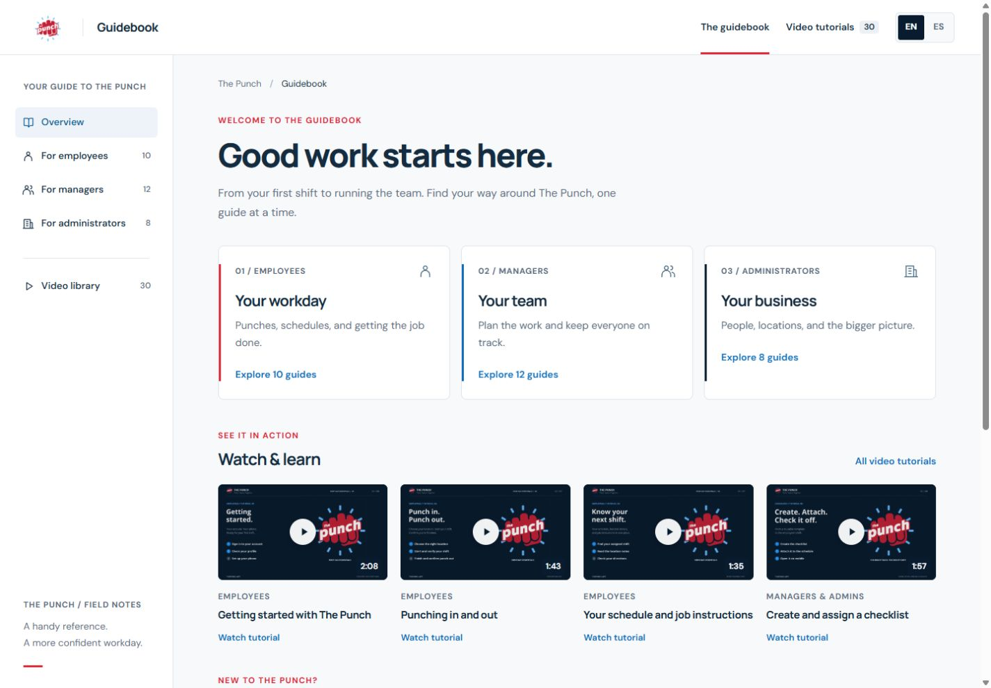 The Punch App Tutorial Guides homepage with employee, manager, and administrator paths and real video walkthroughs