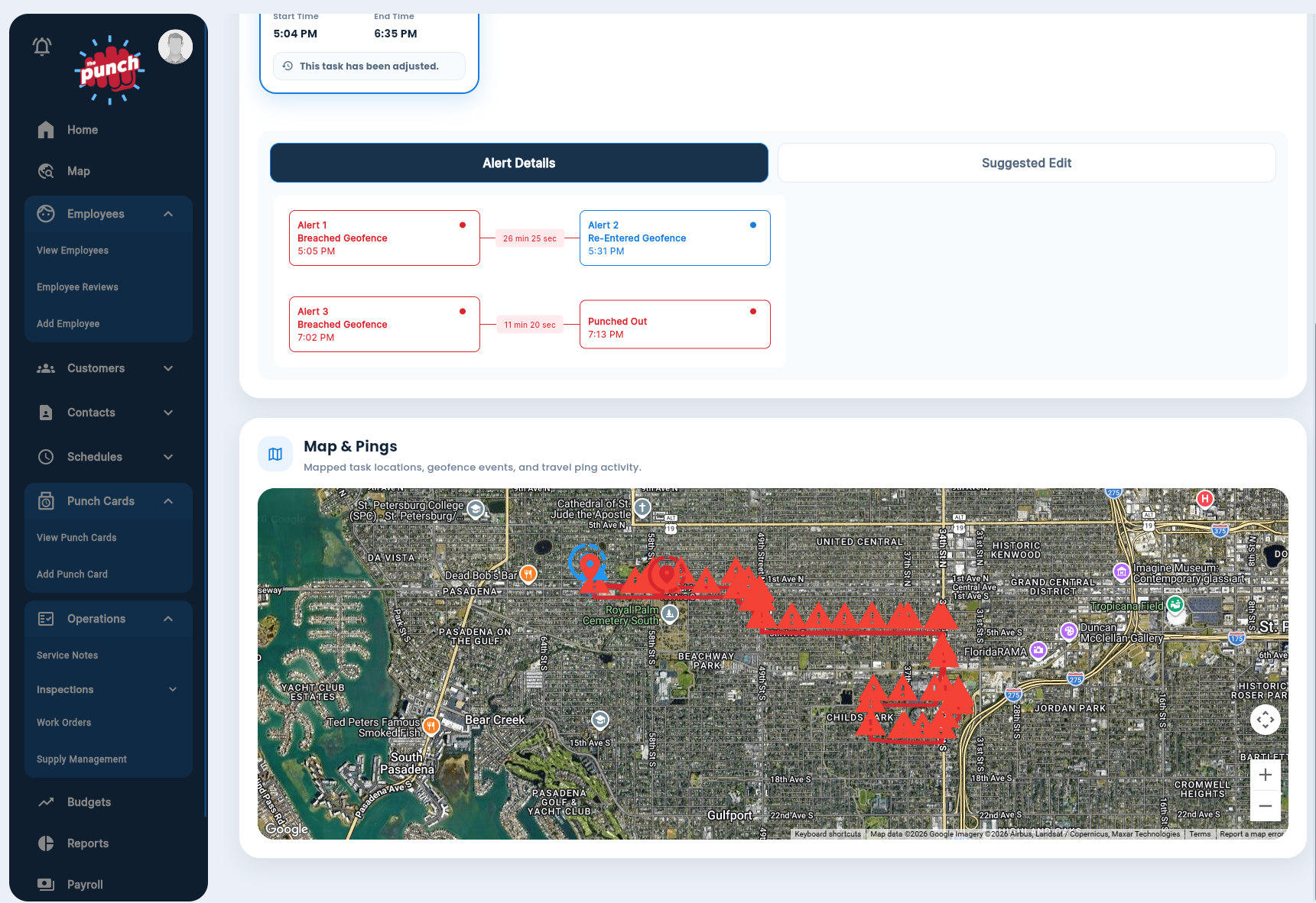 Manager view with an alert timeline and mapped location history