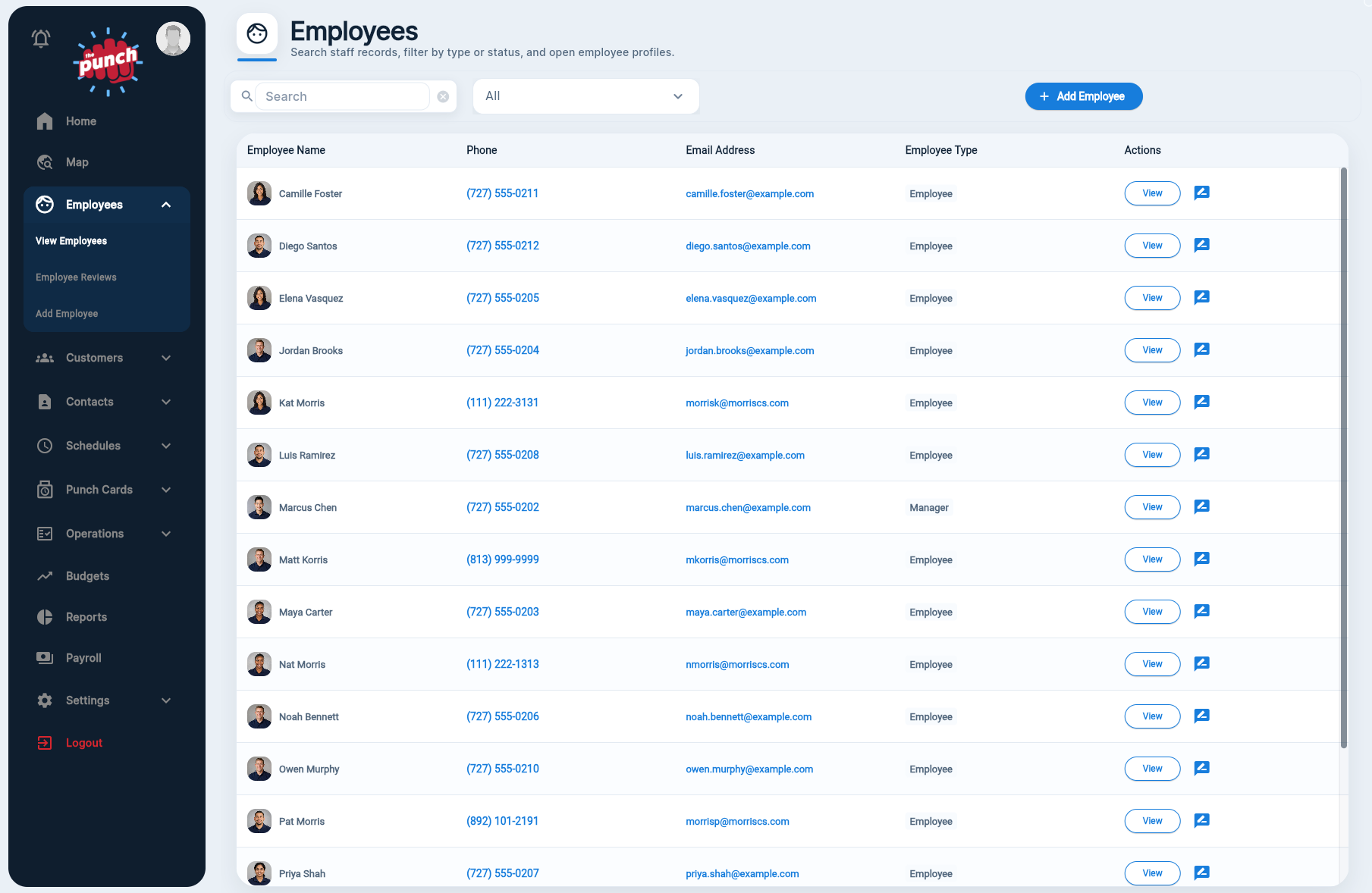 Searchable employee directory with contact information and employee type