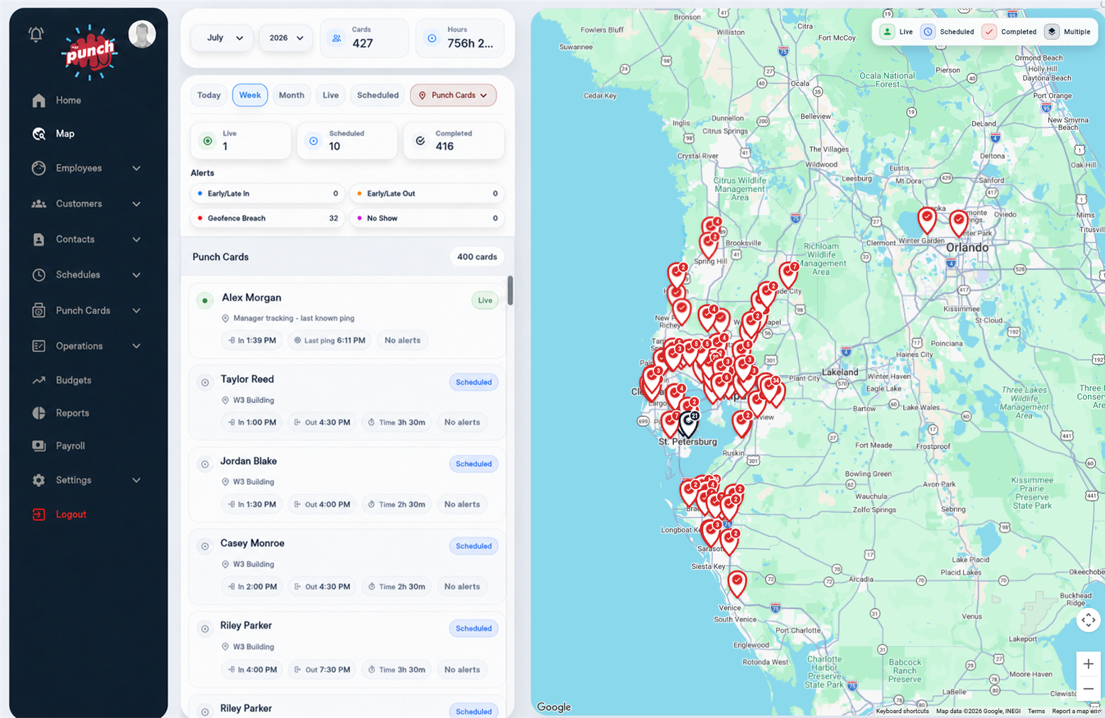 Statewide operations map with live, scheduled, and completed Punch Cards