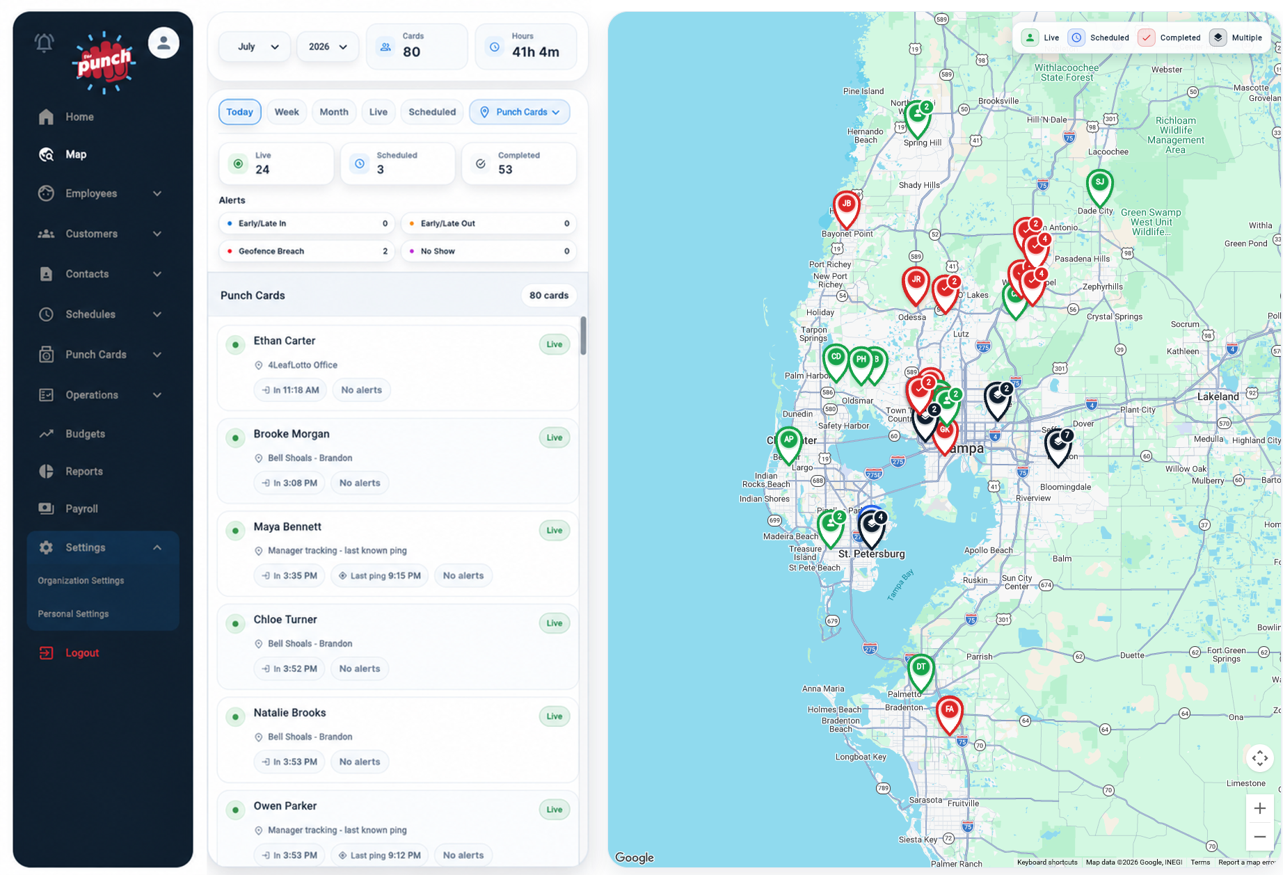 Regional operations map with live employees and stacked Punch Card markers