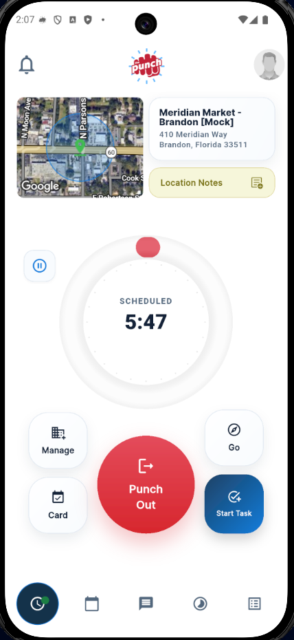 Active Punch Card with the employee location and Punch Out control