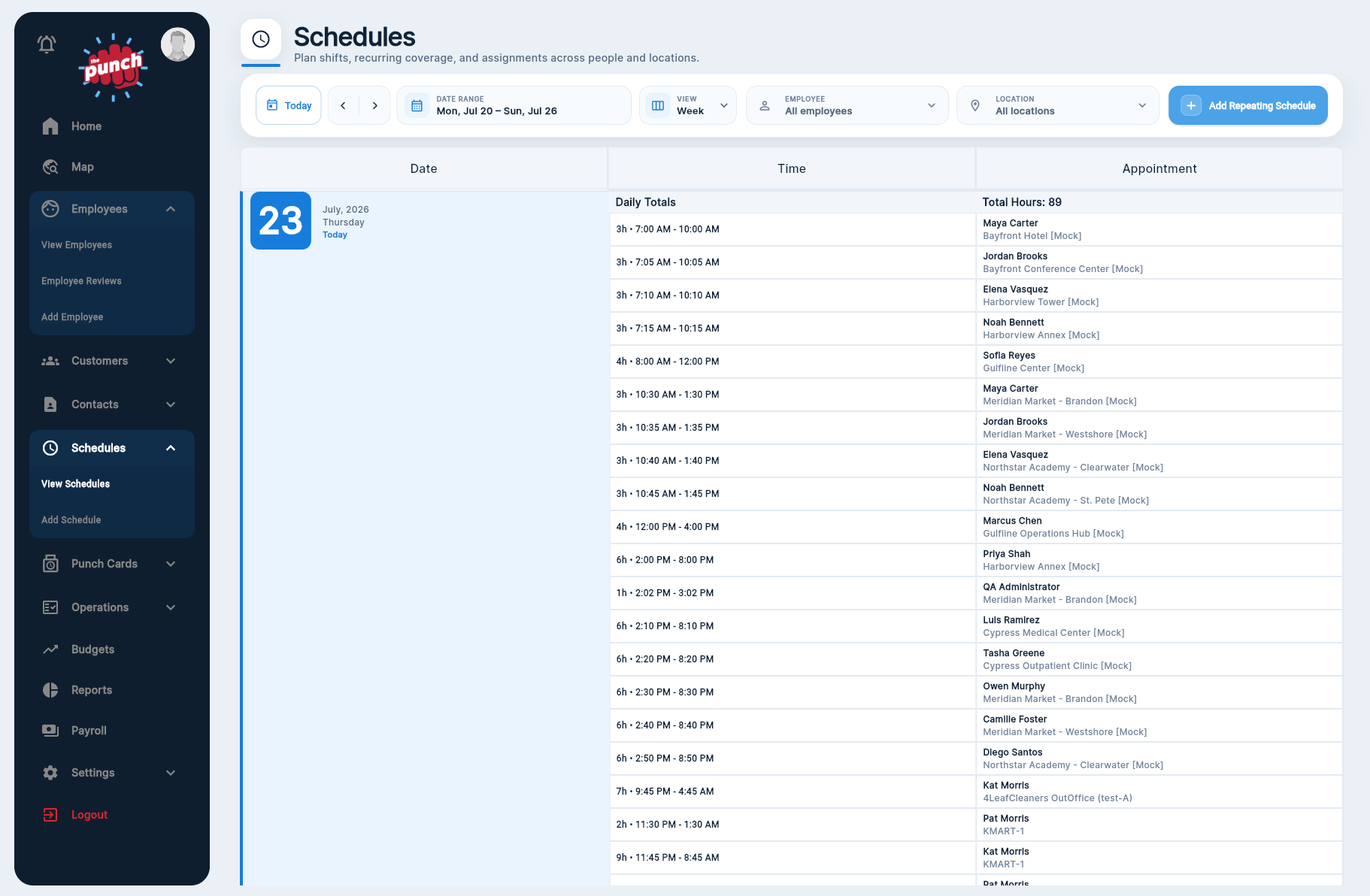 Weekly schedule list with dates, times, employees, and locations